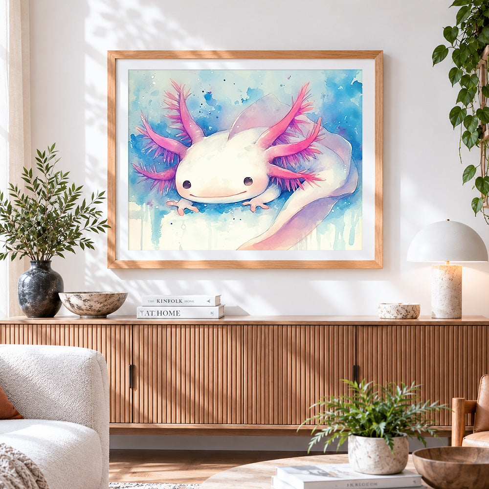 Finished adorable axolotl cross stitch artwork displayed