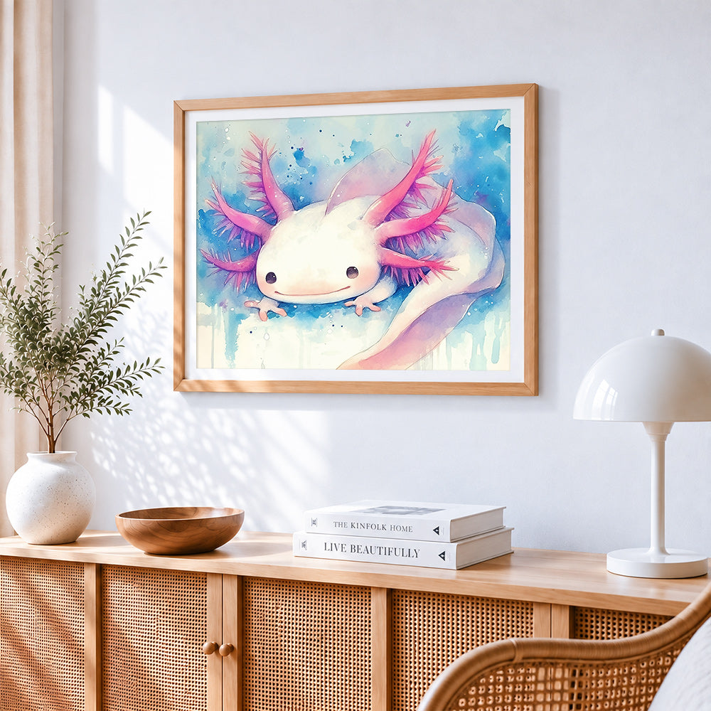 Adorable axolotl cross stitch artwork displayed on wall as home decor