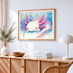 Adorable axolotl paint by numbers artwork displayed on wall as home decor