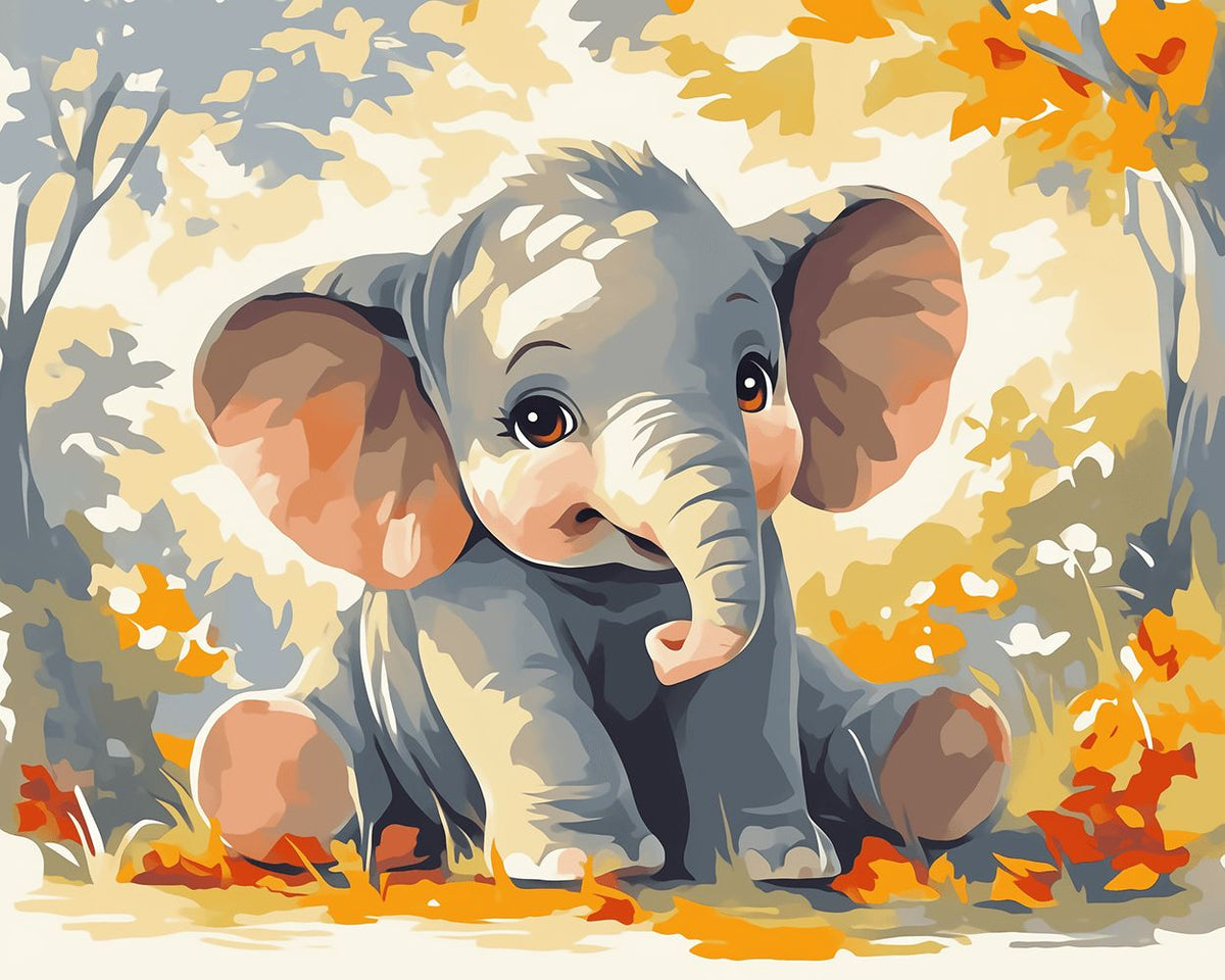 Adorable baby elephant in autumn leaves cross stitch kit for beginners