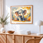 Adorable baby elephant in autumn leaves cross stitch artwork displayed on wall as home decor