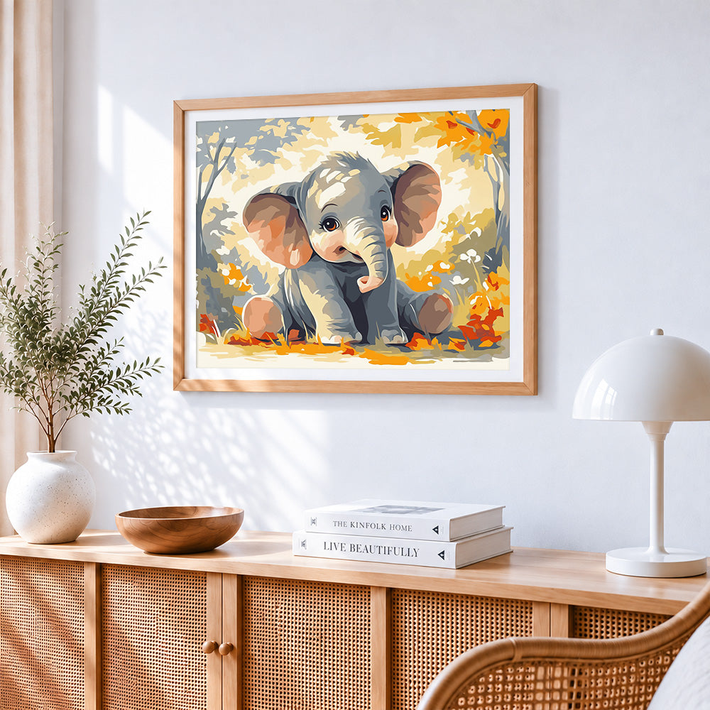 Adorable baby elephant in autumn leaves paint by numbers artwork displayed on wall as home decor