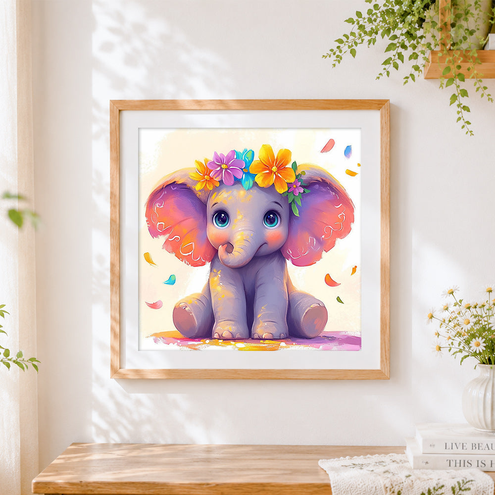 Finished adorable baby elephant with flower crown cross stitch artwork displayed
