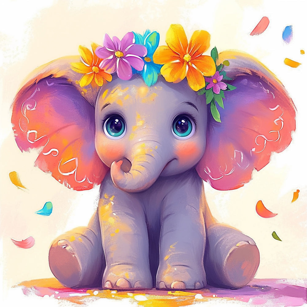 Adorable baby elephant with flower crown cross stitch kit for beginners