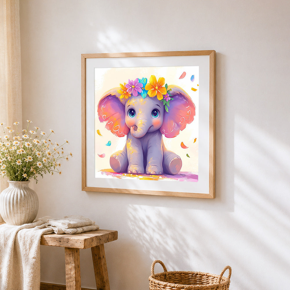 Adorable baby elephant with flower crown cross stitch artwork displayed on wall as home decor