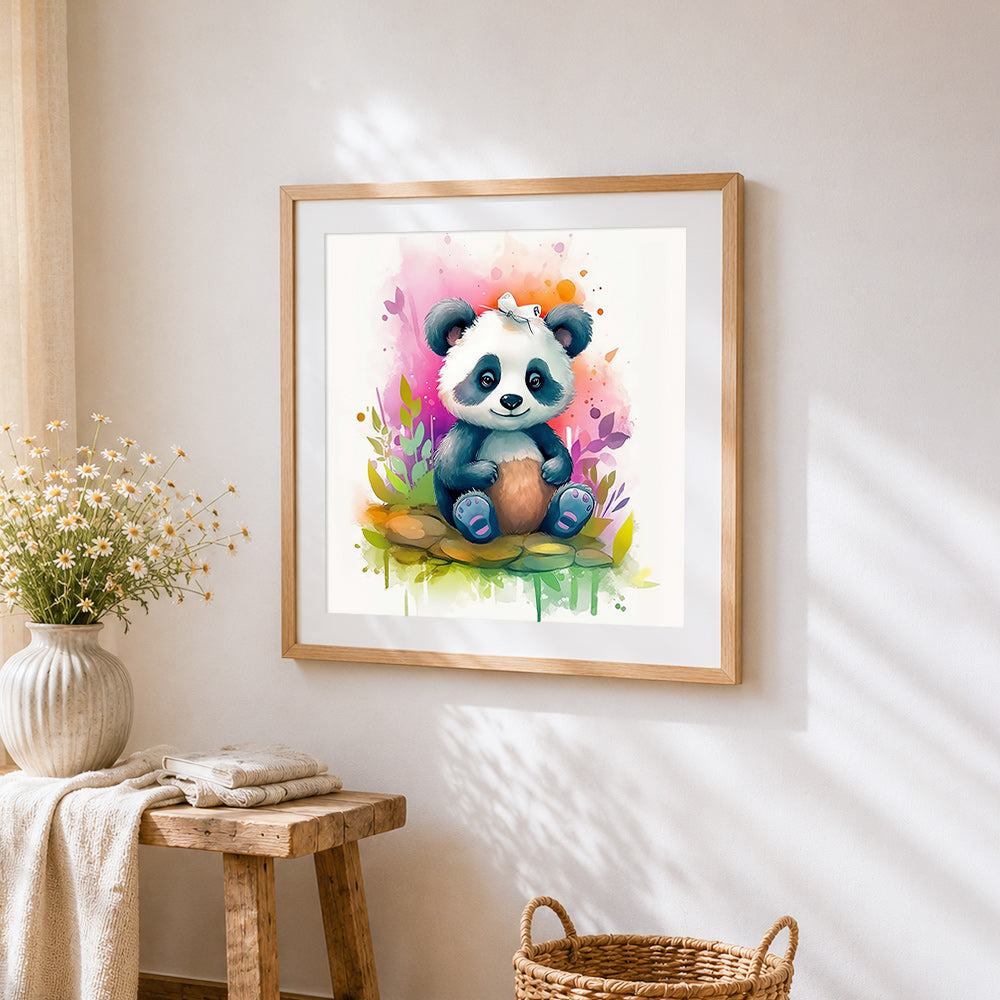 Adorable baby panda with a butterfly cross stitch artwork displayed on wall as home decor