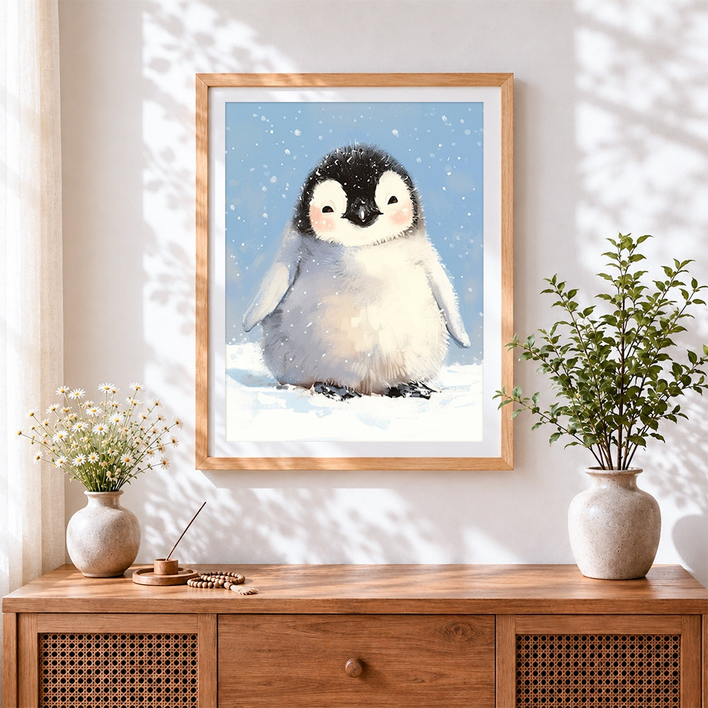 Finished adorable baby penguin in snow cross stitch artwork displayed