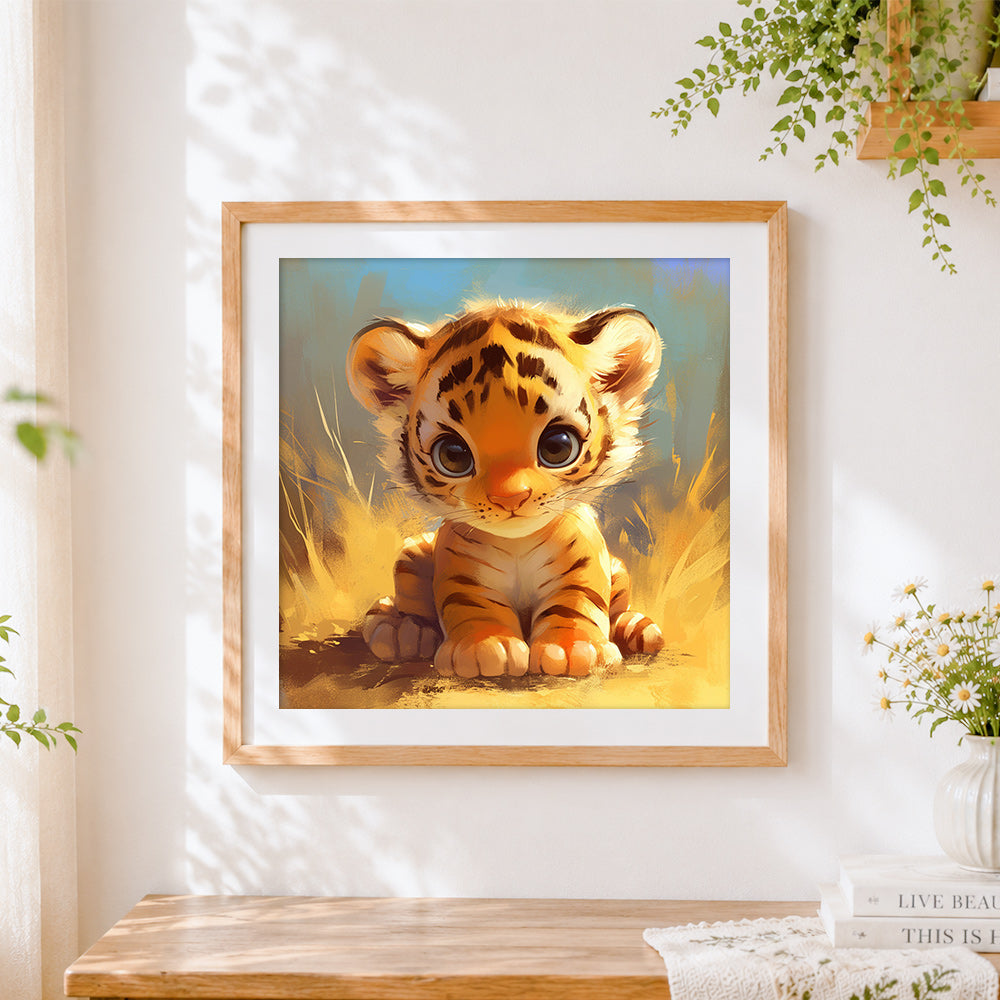 Finished adorable baby tiger cross stitch artwork displayed