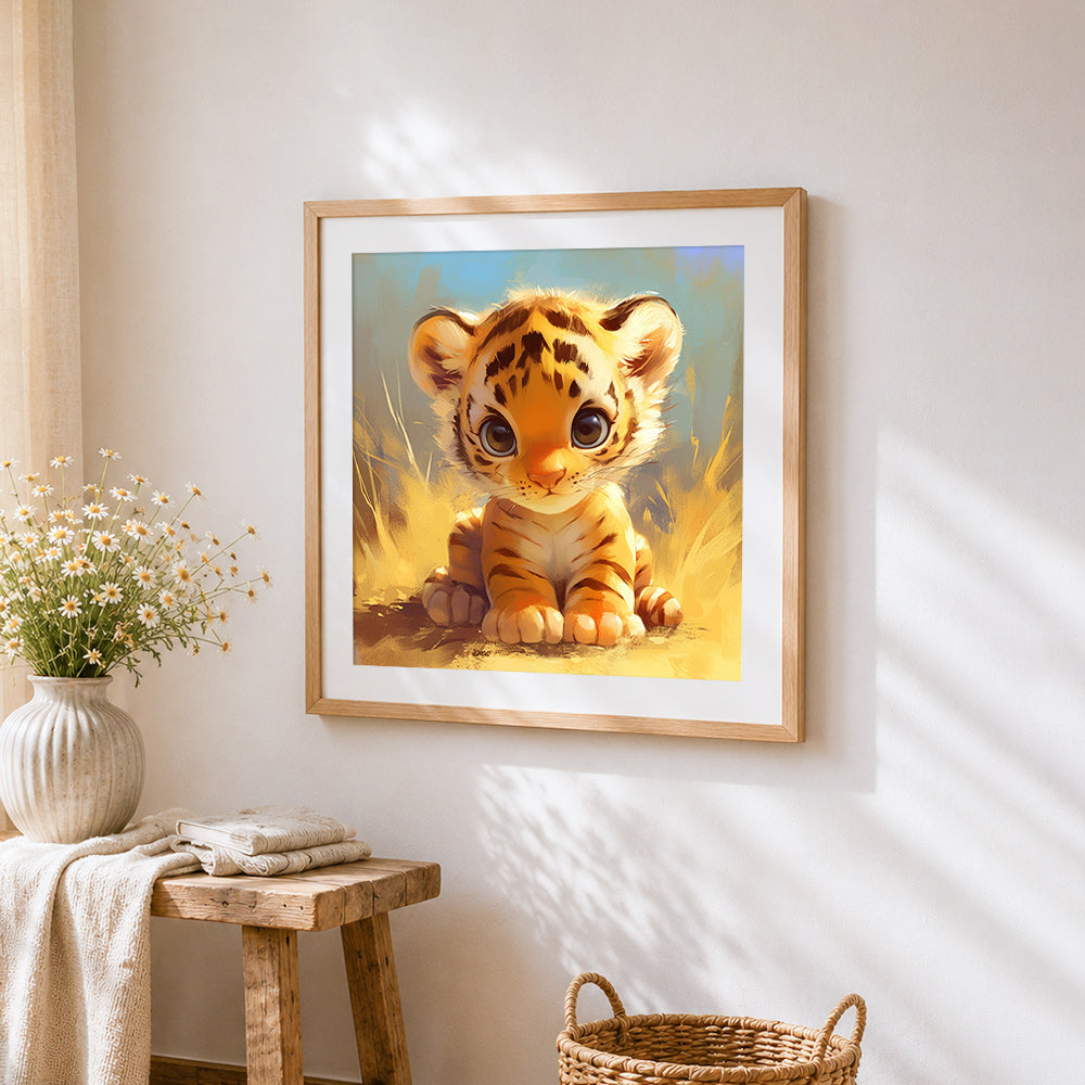 Adorable baby tiger cross stitch artwork displayed on wall as home decor