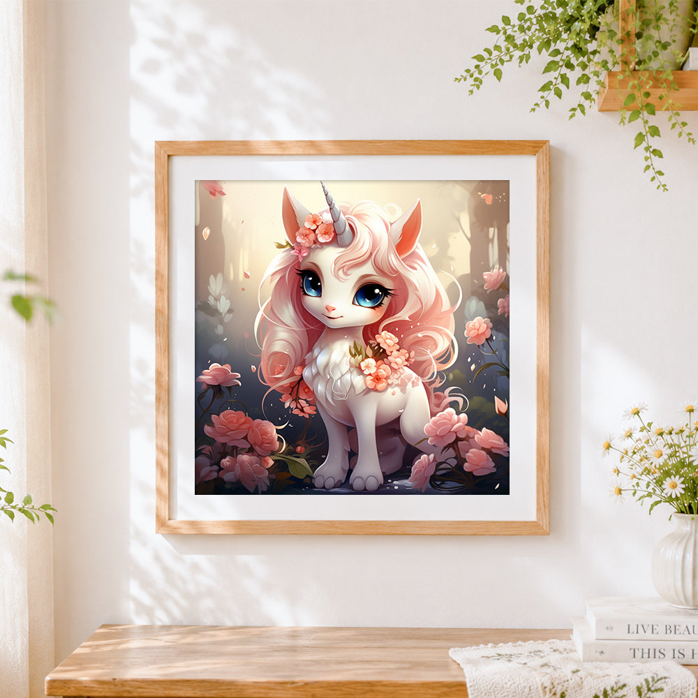 Finished adorable baby unicorn and flowers cross stitch artwork displayed