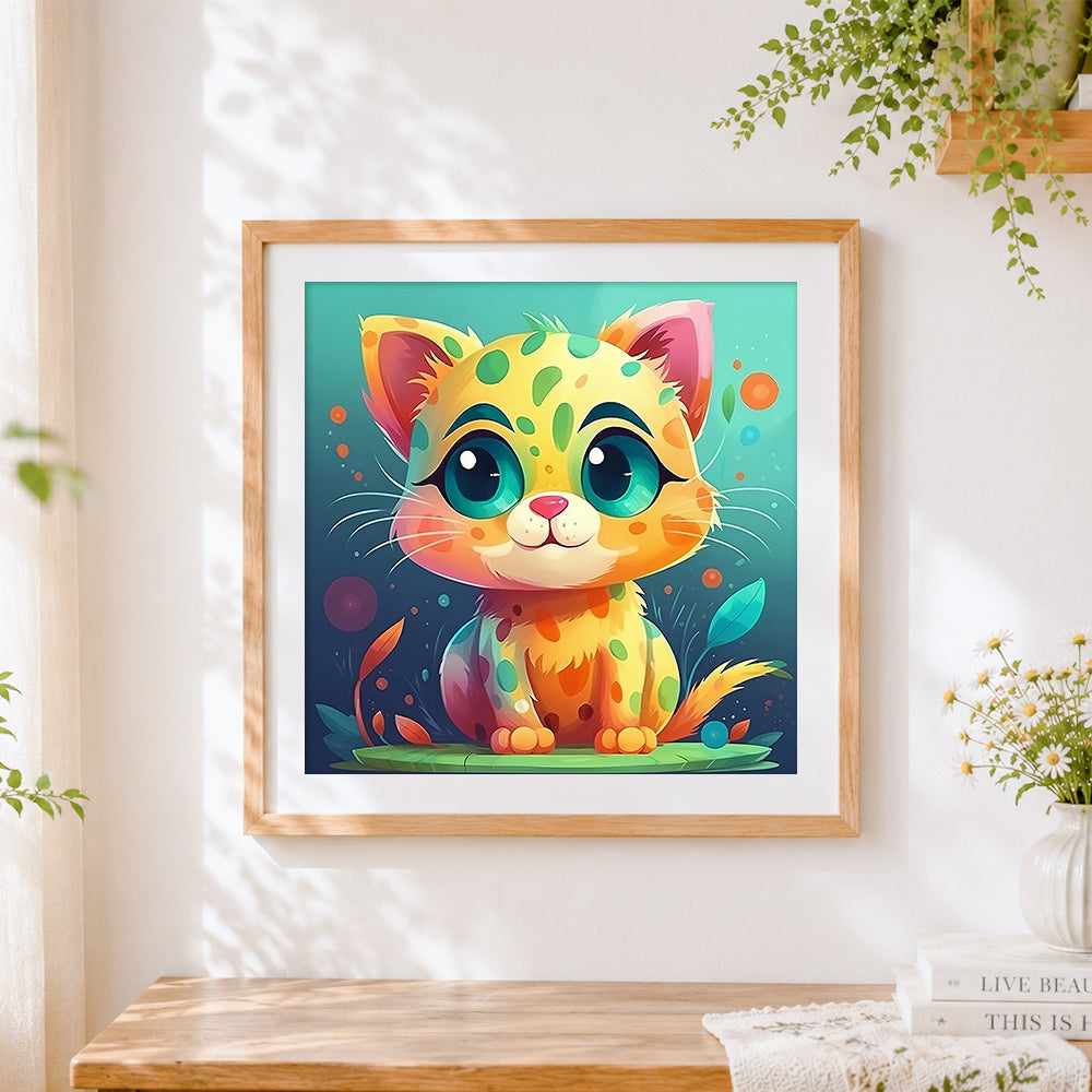 Finished adorable big-eyed spotted kitten cross stitch artwork displayed