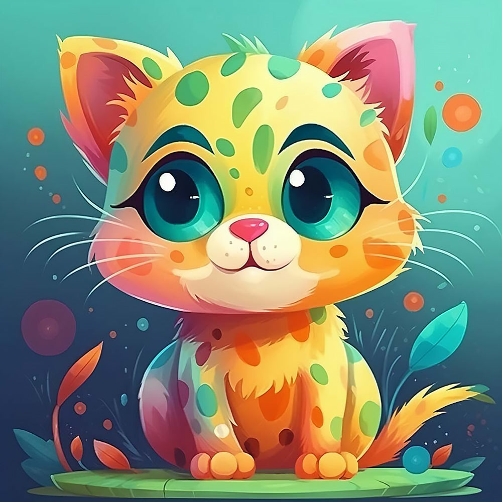 Adorable big-eyed spotted kitten cross stitch kit for beginners