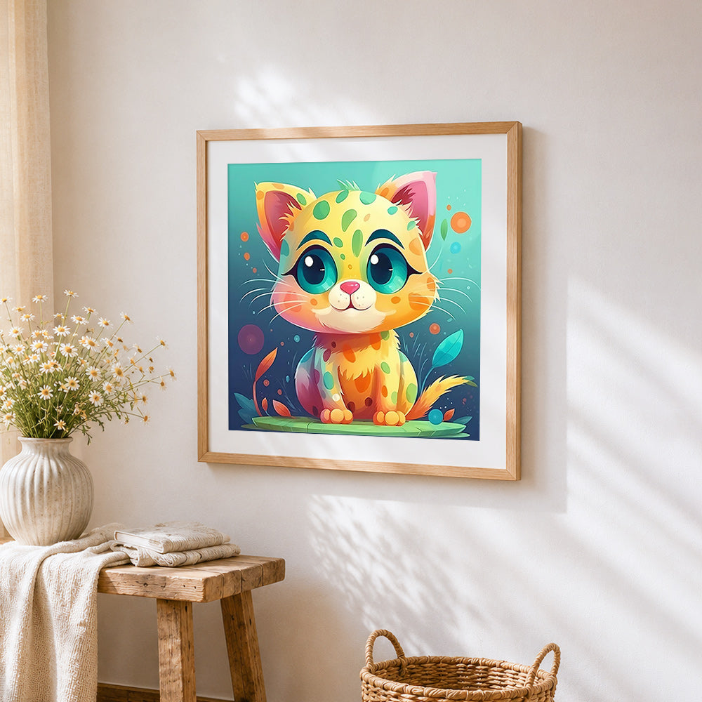 Adorable big-eyed spotted kitten cross stitch artwork displayed on wall as home decor