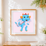 Finished adorable blue baby dragon cross stitch artwork displayed