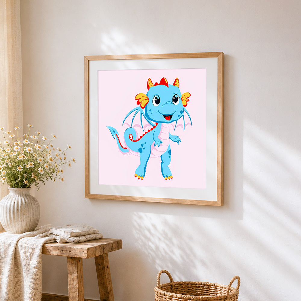 Adorable blue baby dragon cross stitch artwork displayed on wall as home decor