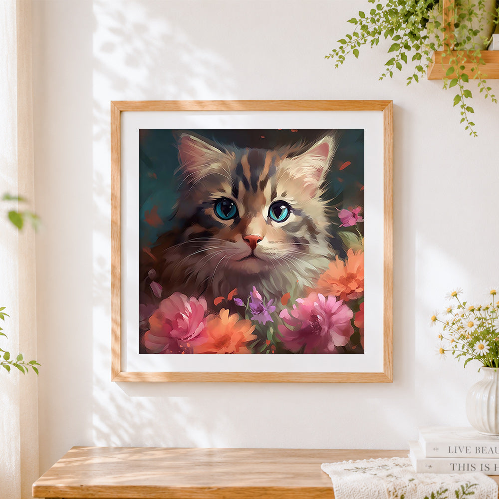 Finished adorable blue-eyed kitten and pink blooms cross stitch artwork displayed