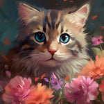 Adorable blue-eyed kitten and pink blooms cross stitch kit for beginners