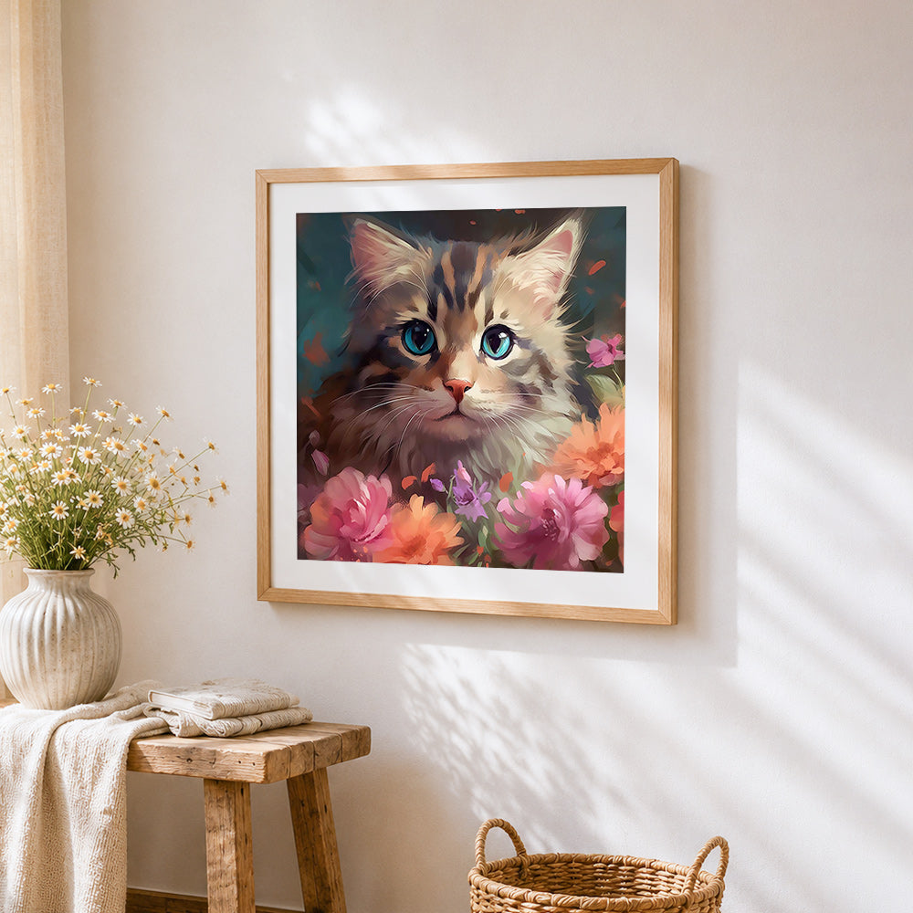 Adorable blue-eyed kitten and pink blooms cross stitch artwork displayed on wall as home decor