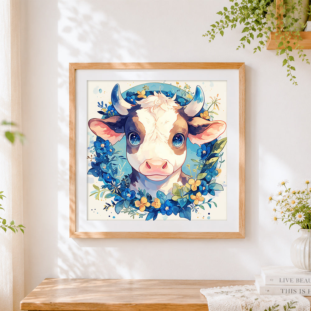 Finished adorable calf with blue floral wreath cross stitch artwork displayed