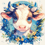Adorable calf with blue floral wreath cross stitch kit for beginners