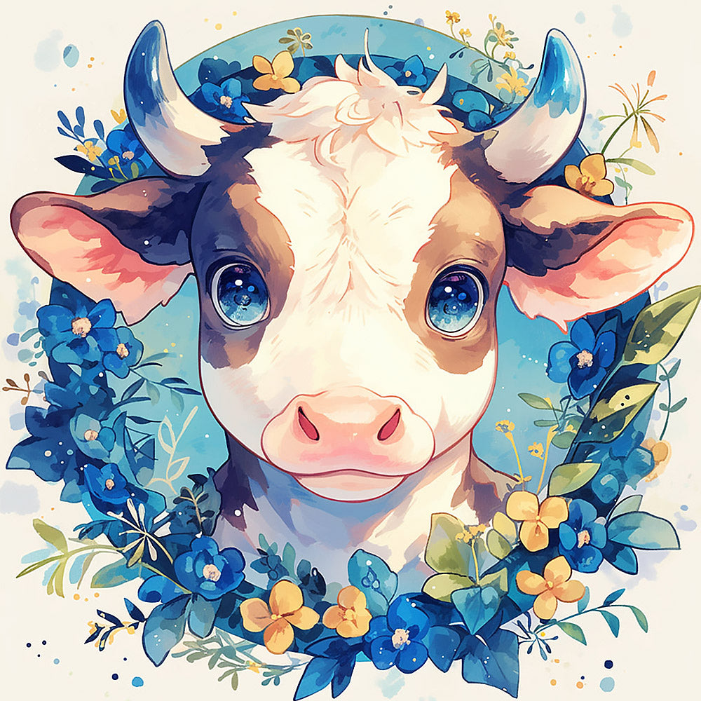 Adorable calf with blue floral wreath cross stitch kit for beginners
