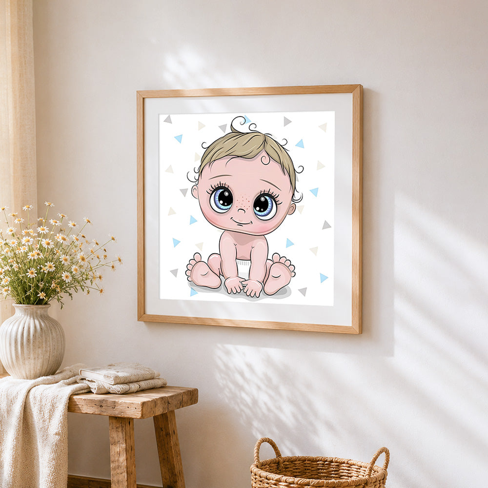 Adorable cartoon baby boy cross stitch artwork displayed on wall as home decor