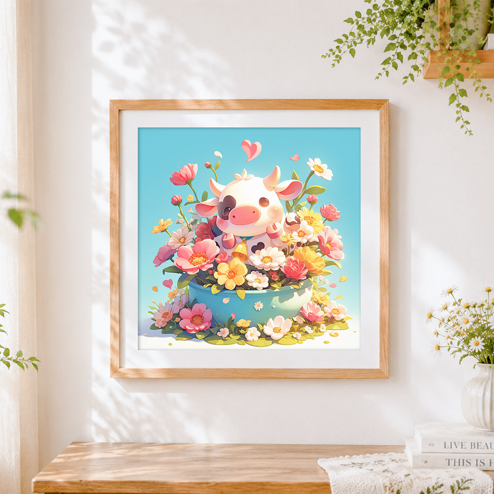 Finished adorable cartoon cow in a flower pot cross stitch artwork displayed