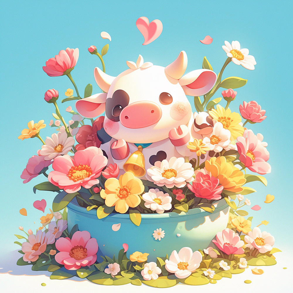 Adorable cartoon cow in a flower pot cross stitch kit for beginners