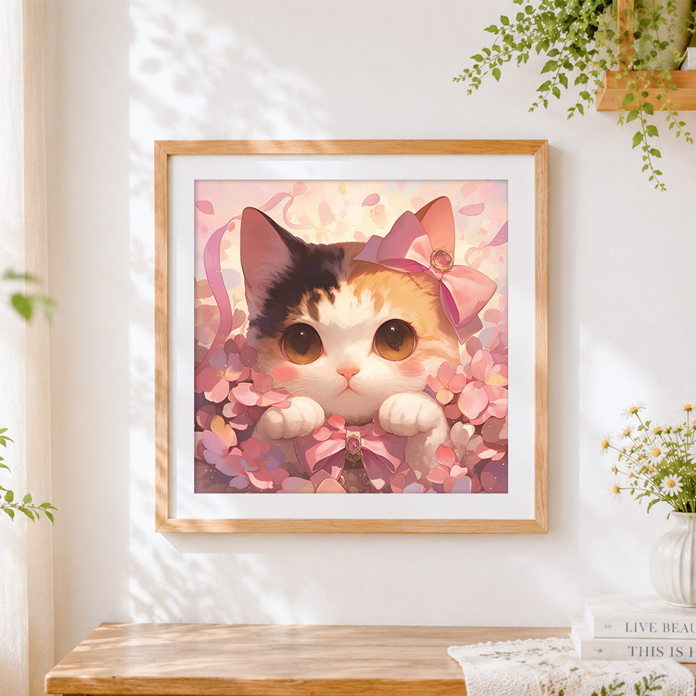 Finished adorable cat with a pink bow cross stitch artwork displayed