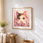 Adorable cat with a pink bow cross stitch artwork displayed on wall as home decor