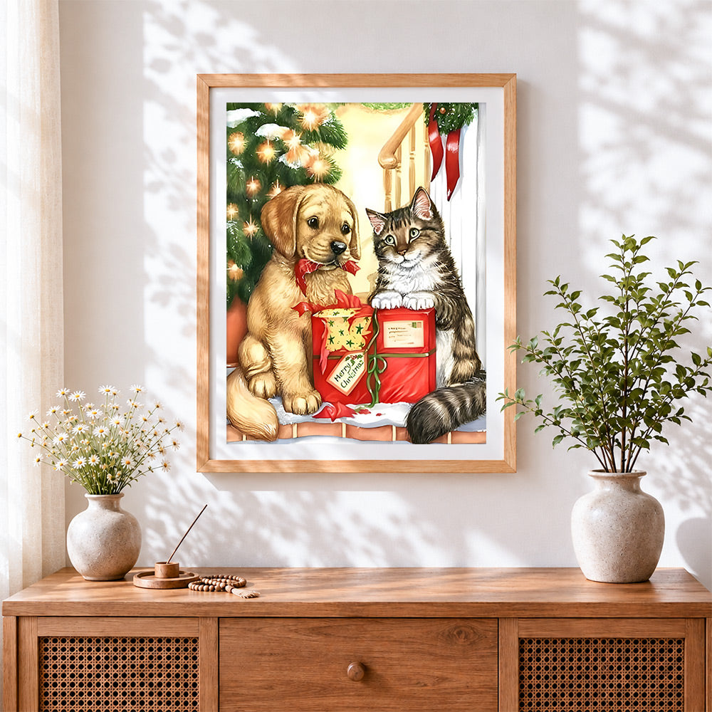Finished adorable christmas puppy and kitten cross stitch artwork displayed