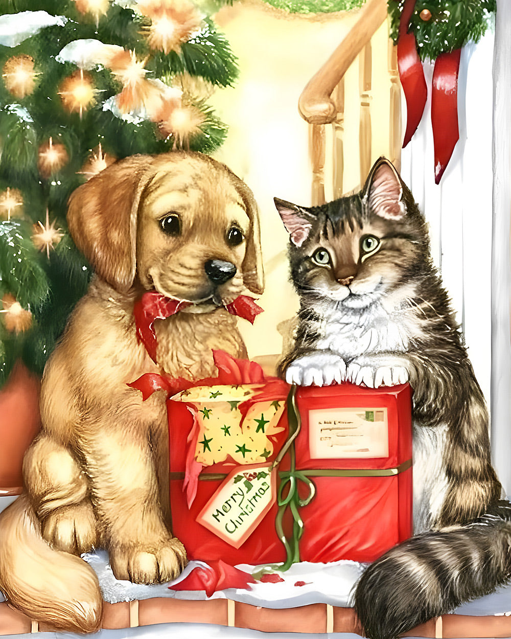 Adorable christmas puppy and kitten cross stitch kit for beginners