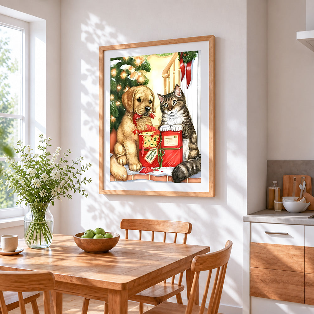 Adorable christmas puppy and kitten cross stitch artwork displayed on wall as home decor