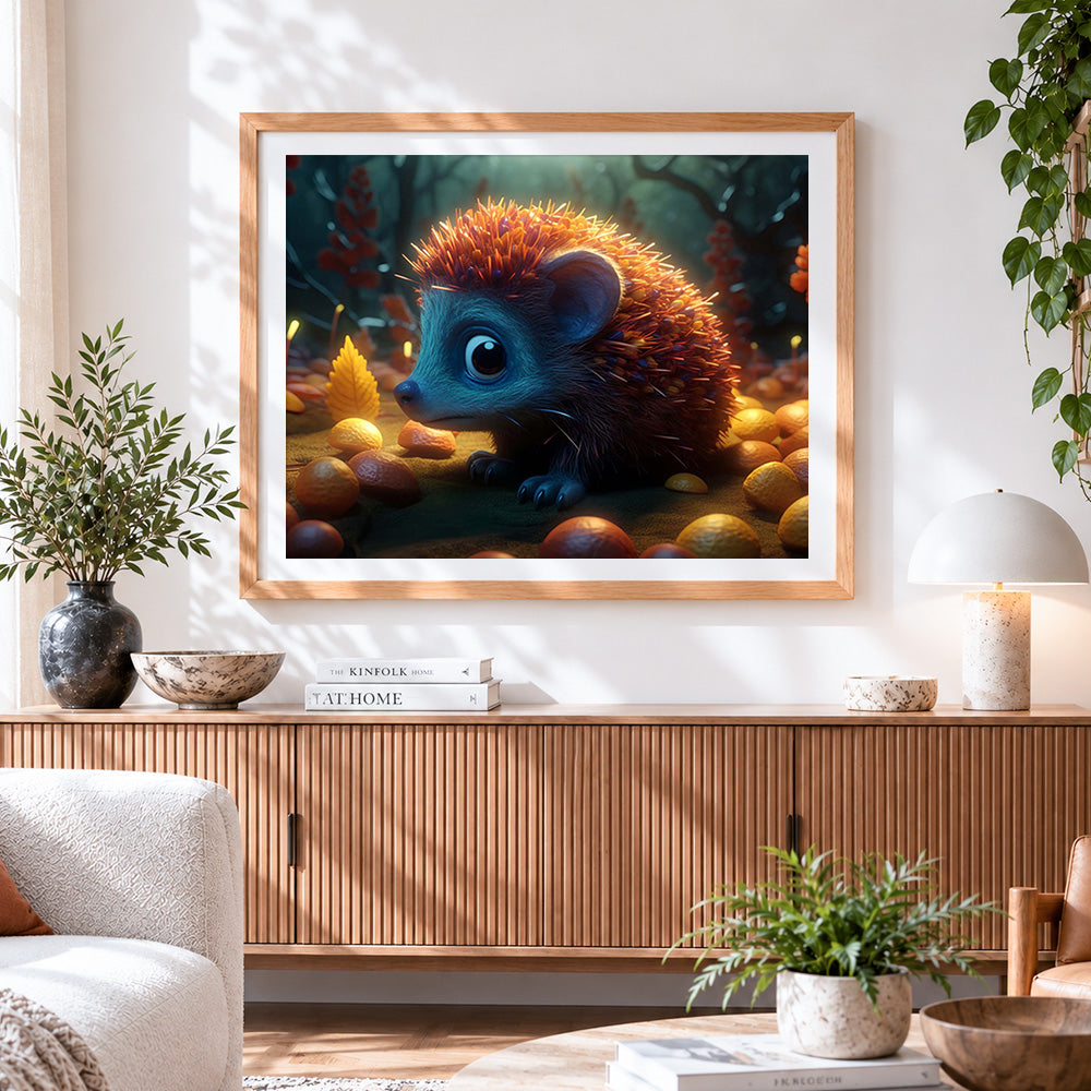 Finished adorable fantasy hedgehog cross stitch artwork displayed