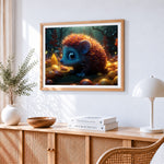 Adorable fantasy hedgehog cross stitch artwork displayed on wall as home decor