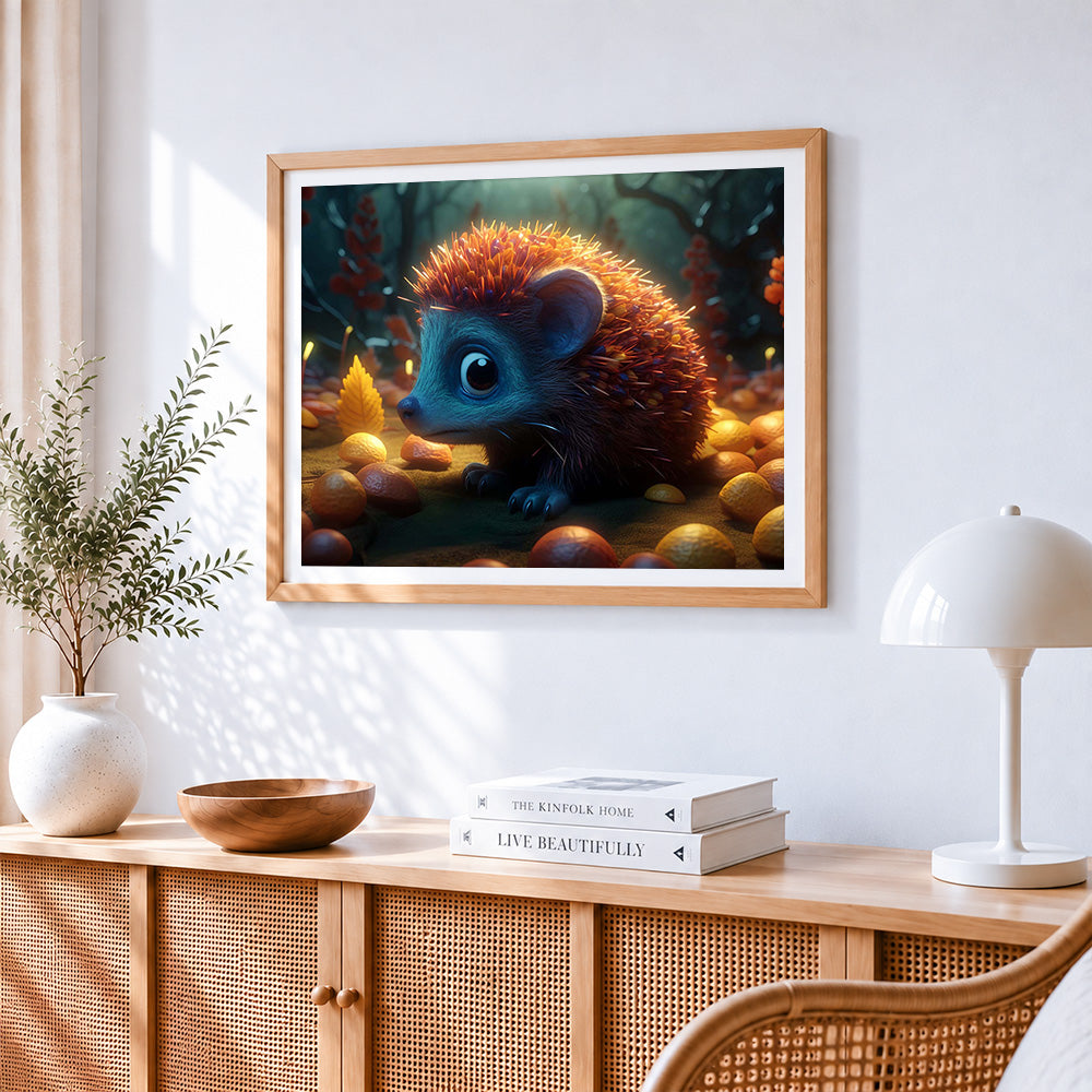 Adorable fantasy hedgehog cross stitch artwork displayed on wall as home decor