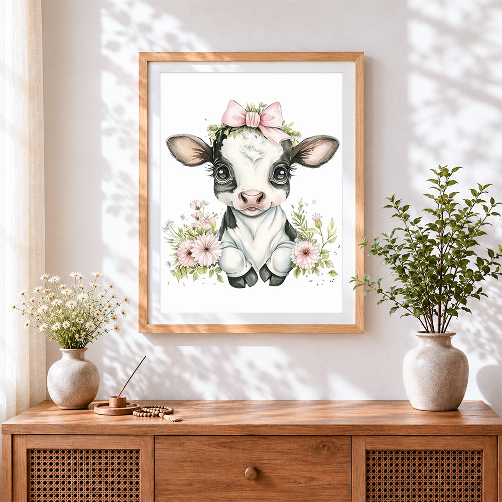 Finished adorable floral cow with pink bow cross stitch artwork displayed