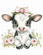 Adorable floral cow with pink bow cross stitch kit for beginners