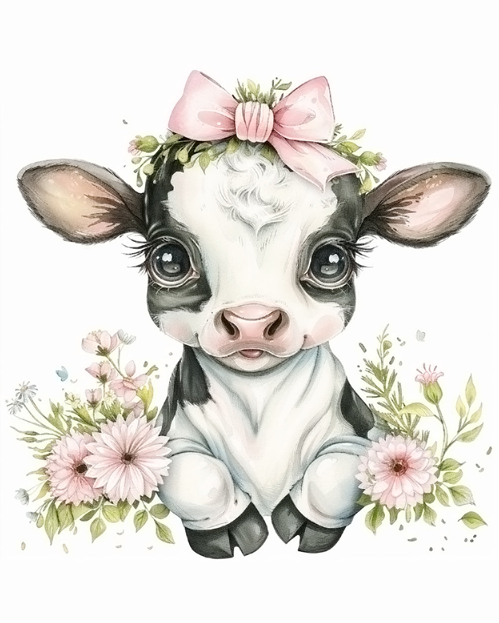 Adorable floral cow with pink bow cross stitch kit for beginners