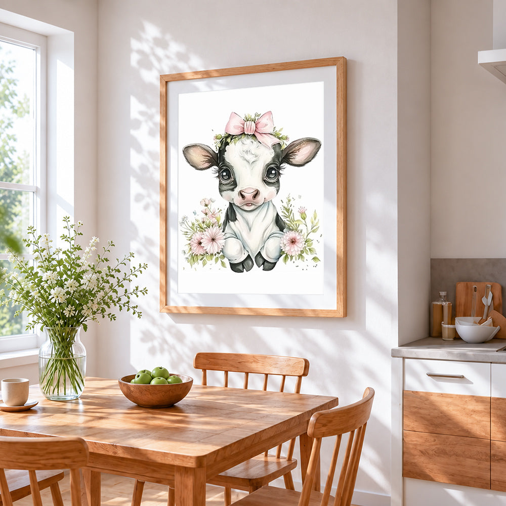 Adorable floral cow with pink bow cross stitch artwork displayed on wall as home decor