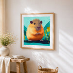 Adorable fluffy hamster cross stitch artwork displayed on wall as home decor