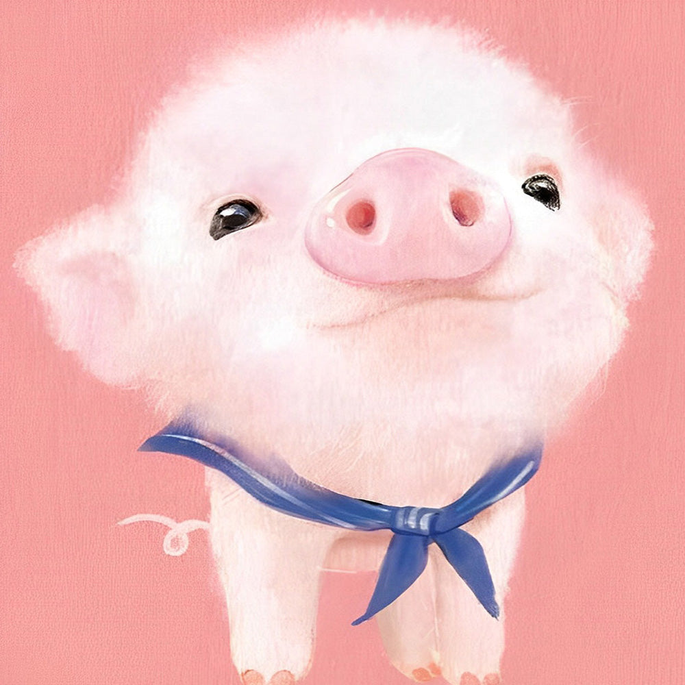 Adorable fluffy pig with blue bow cross stitch kit for beginners