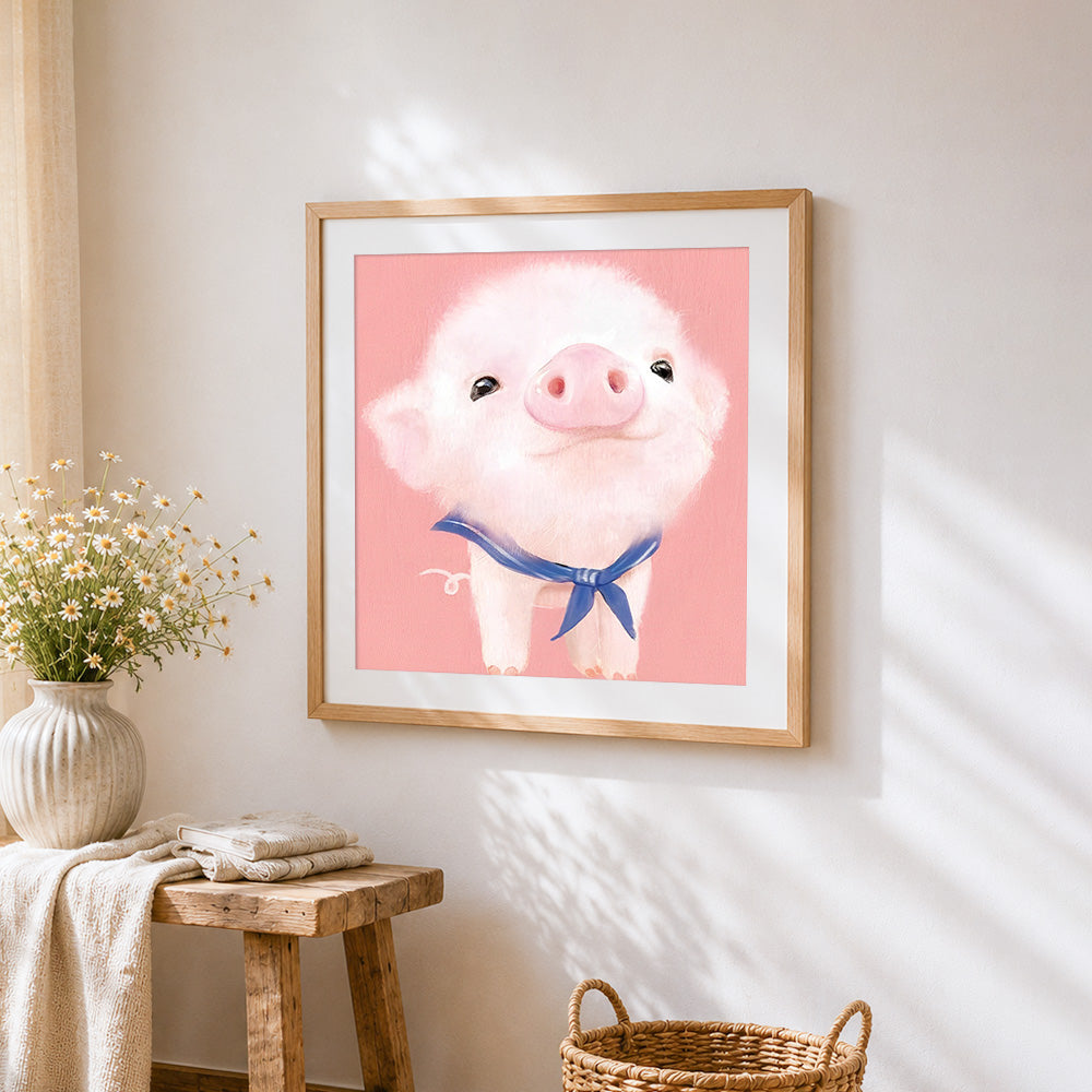 Adorable fluffy pig with blue bow cross stitch artwork displayed on wall as home decor