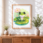 Finished adorable frog and lotus flowers cross stitch artwork displayed