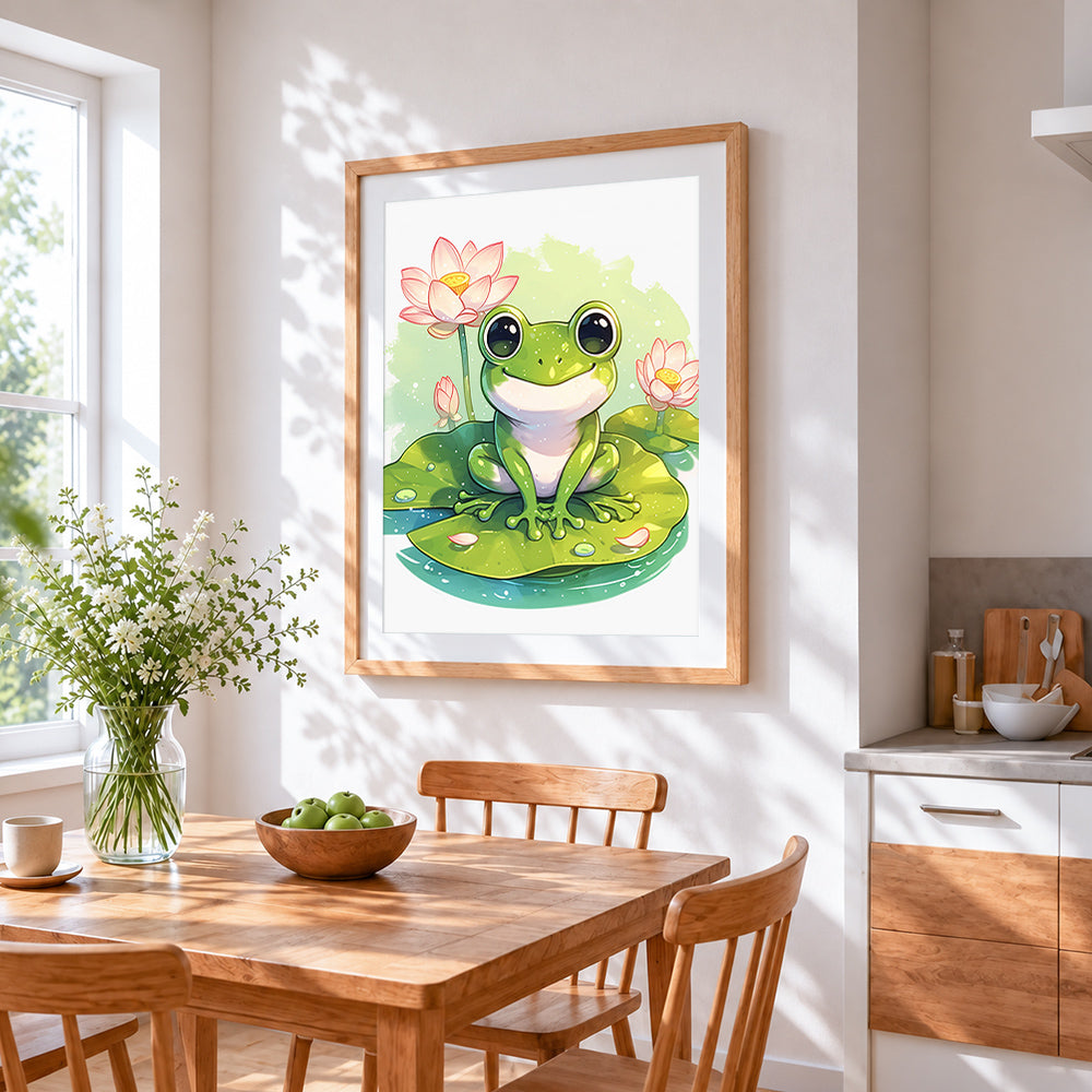 Adorable frog and lotus flowers cross stitch artwork displayed on wall as home decor