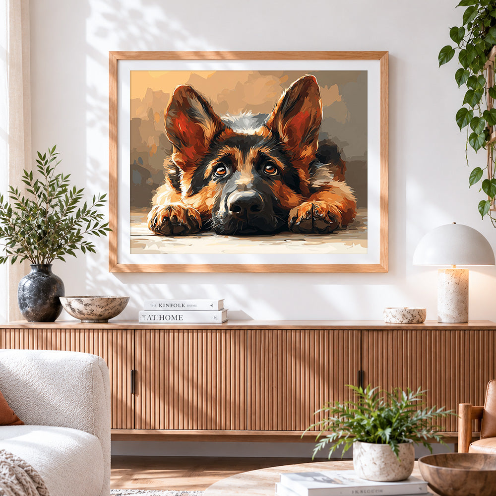 Finished adorable german shepherd puppy cross stitch artwork displayed