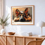 Adorable german shepherd puppy cross stitch artwork displayed on wall as home decor