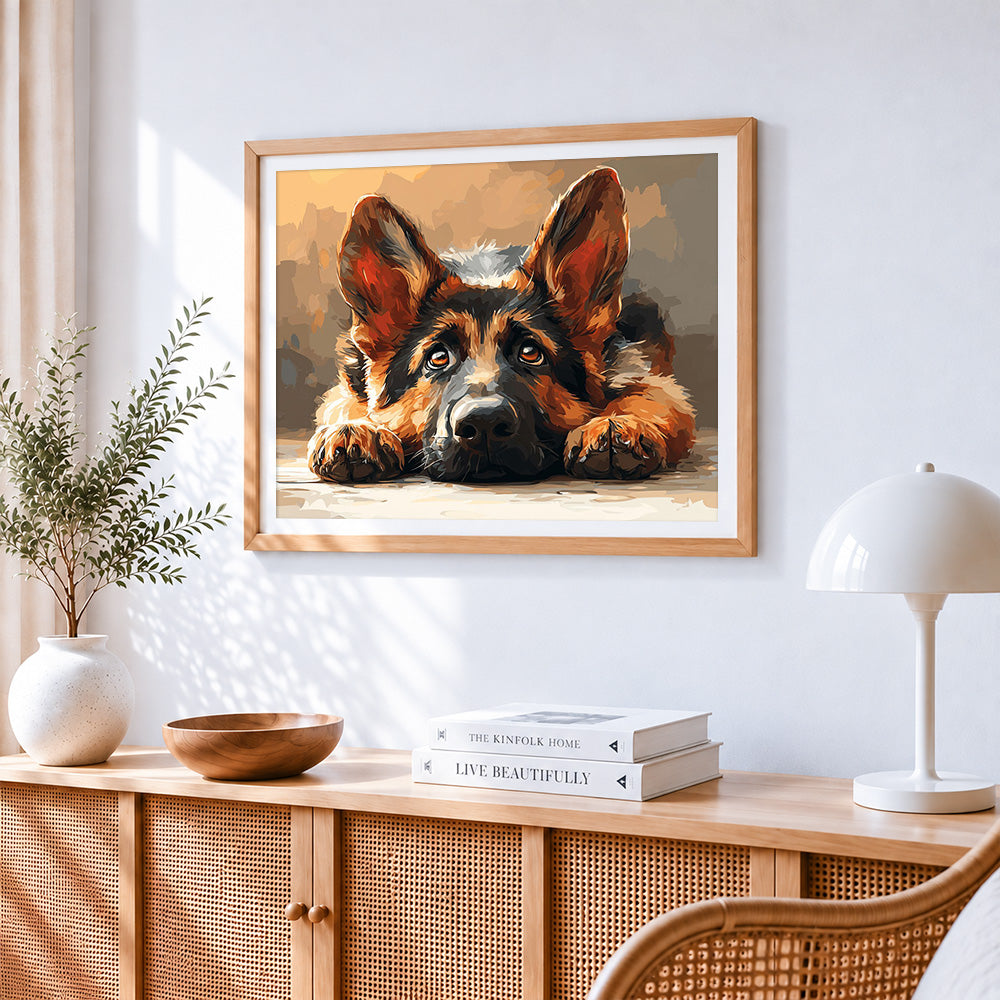 Adorable german shepherd puppy cross stitch artwork displayed on wall as home decor