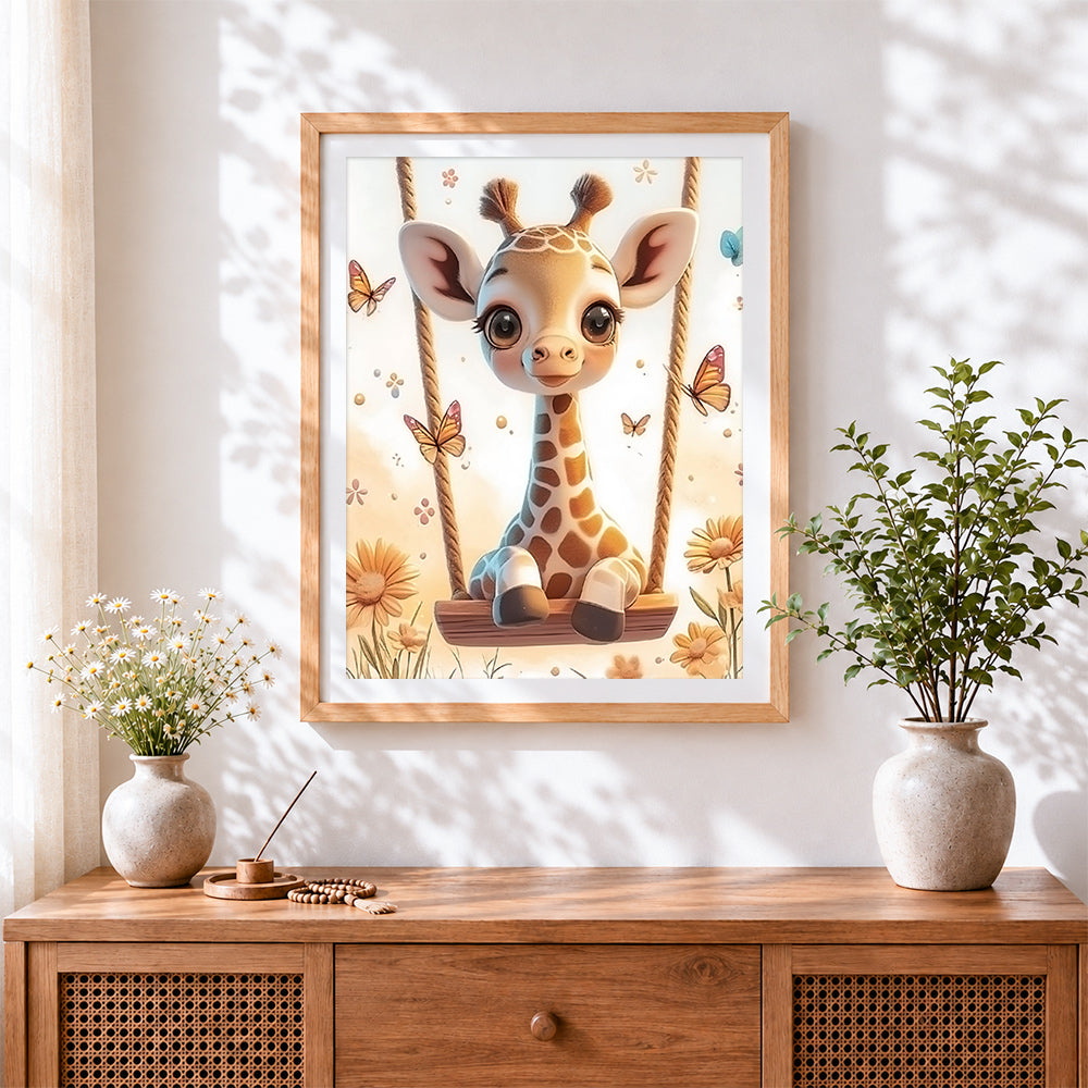 Finished adorable giraffe on a swing with butterflies cross stitch artwork displayed
