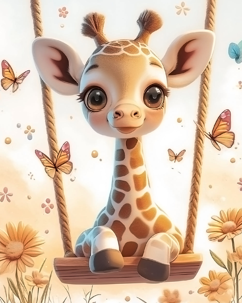 Adorable giraffe on a swing with butterflies cross stitch kit for beginners